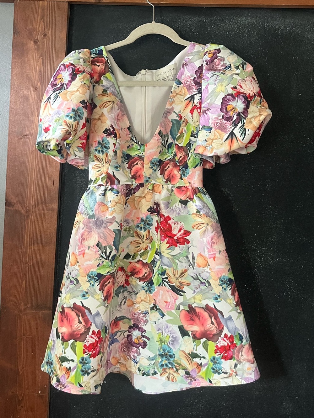 Anthropologie Puff-Sleeve Deep-V Taffeta Mini Dress by Sachin & Babi size S euc - Picture 4 of 7
